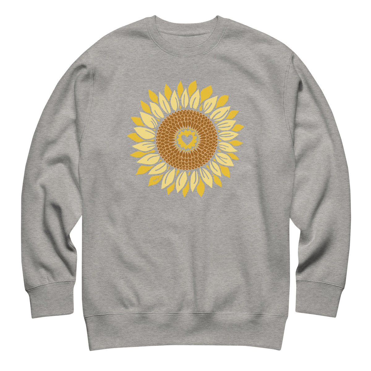 Golden sunflower with a heart center on a crewneck sweatshirt in athletic grey, front view – Sunflowers in My Heart by Kate Spain