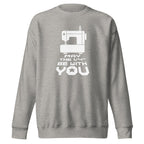 May the ¼" Be With You white sewing machine graphic on a premium sweatshirt in athletic grey, folded close-up of the design – Kate Spain design for Pat Sloan