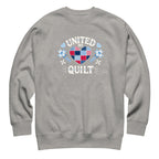 United We Quilt patchwork heart with quilt stars on a premium sweatshirt in athletic grey, front view – Kate Spain design for Pat Sloan