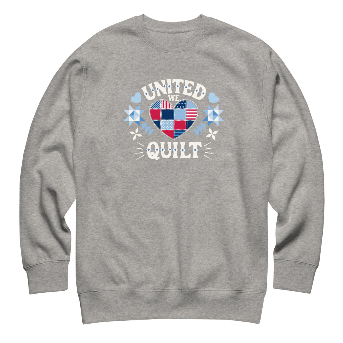 United We Quilt patchwork heart with quilt stars on a premium sweatshirt in athletic grey, front view – Kate Spain design for Pat Sloan