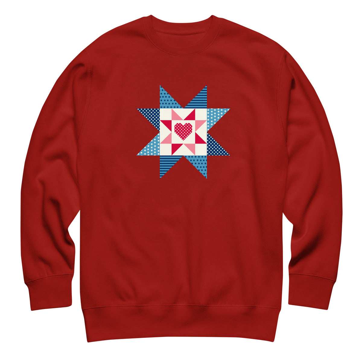 Liberty Love star quilt block with a heart in red, white and blue on a crewneck sweatshirt in cardinal red, front view – Kate Spain design for Pat Sloan