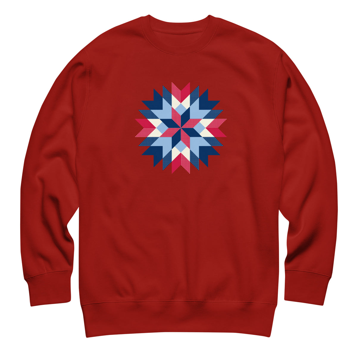 Barn Star quilt block in red, white and blue on a crewneck sweatshirt in cardinal red, front view – Kate Spain design for Pat Sloan