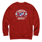 United We Quilt patchwork heart with quilt stars on a premium sweatshirt in cardinal red, front view – Kate Spain design for Pat Sloan