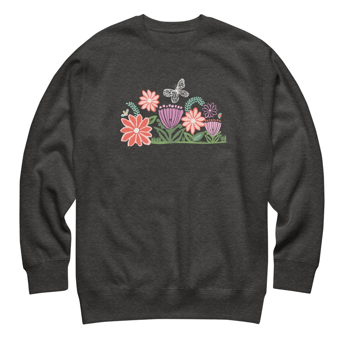 Bloom woodblock-style flowers with a butterfly, ladybug and bee on a crewneck sweatshirt in charcoal grey, front view – Kate Spain design