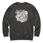 Meadowsweet woodblock-style bouquet of wildflowers on a crewneck sweatshirt in charcoal grey, front view – Kate Spain design