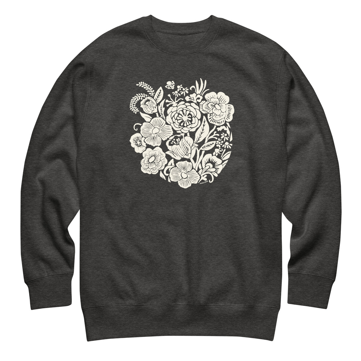 Meadowsweet woodblock-style bouquet of wildflowers on a crewneck sweatshirt in charcoal grey, front view – Kate Spain design