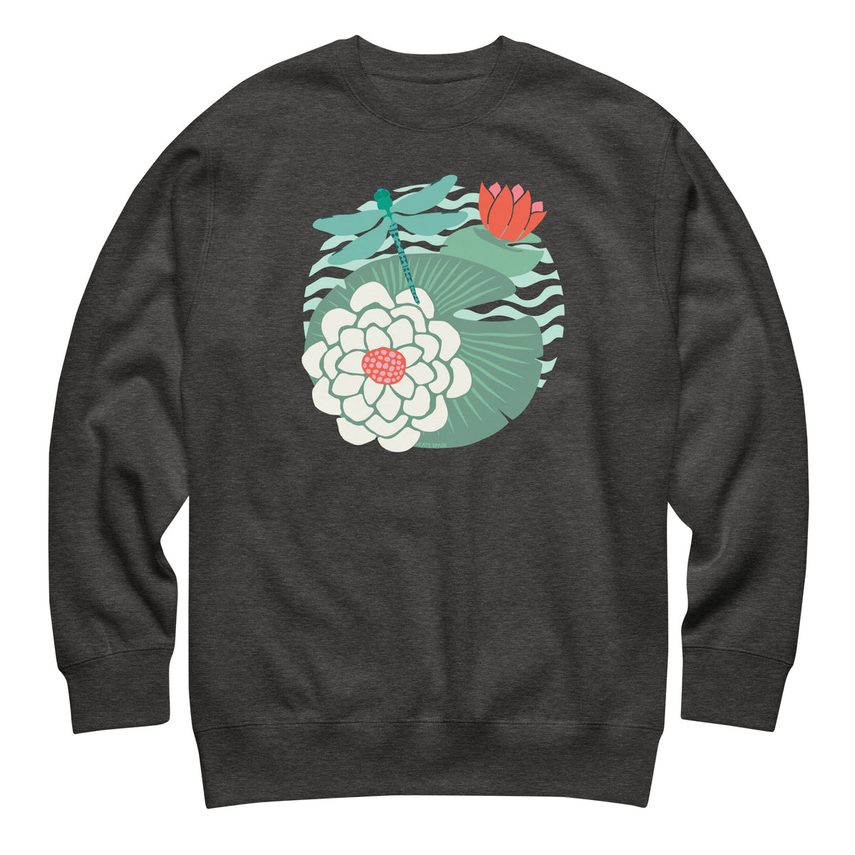 Dragonfly over water lilies and lily pads on a crewneck sweatshirt in charcoal grey, front view – Kate Spain design