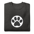 Law of the Paw® cat paw print on a crewneck sweatshirt in charcoal grey, folded close-up of the design – Kate Spain design