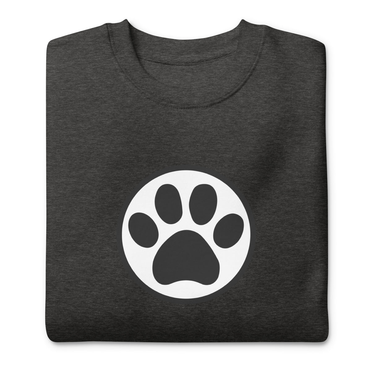 Law of the Paw® cat paw print on a crewneck sweatshirt in charcoal grey, folded close-up of the design – Kate Spain design