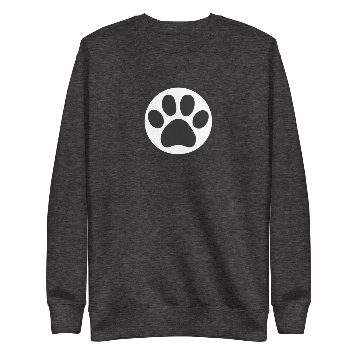 Law of the Paw® cat paw print on a crewneck sweatshirt in charcoal grey, front view – Kate Spain design