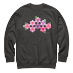 Pink GeoFlora hexagon flowers in pinks, mauves and sage on a crewneck sweatshirt in charcoal grey, front view – Kate Spain design for Pat Sloan