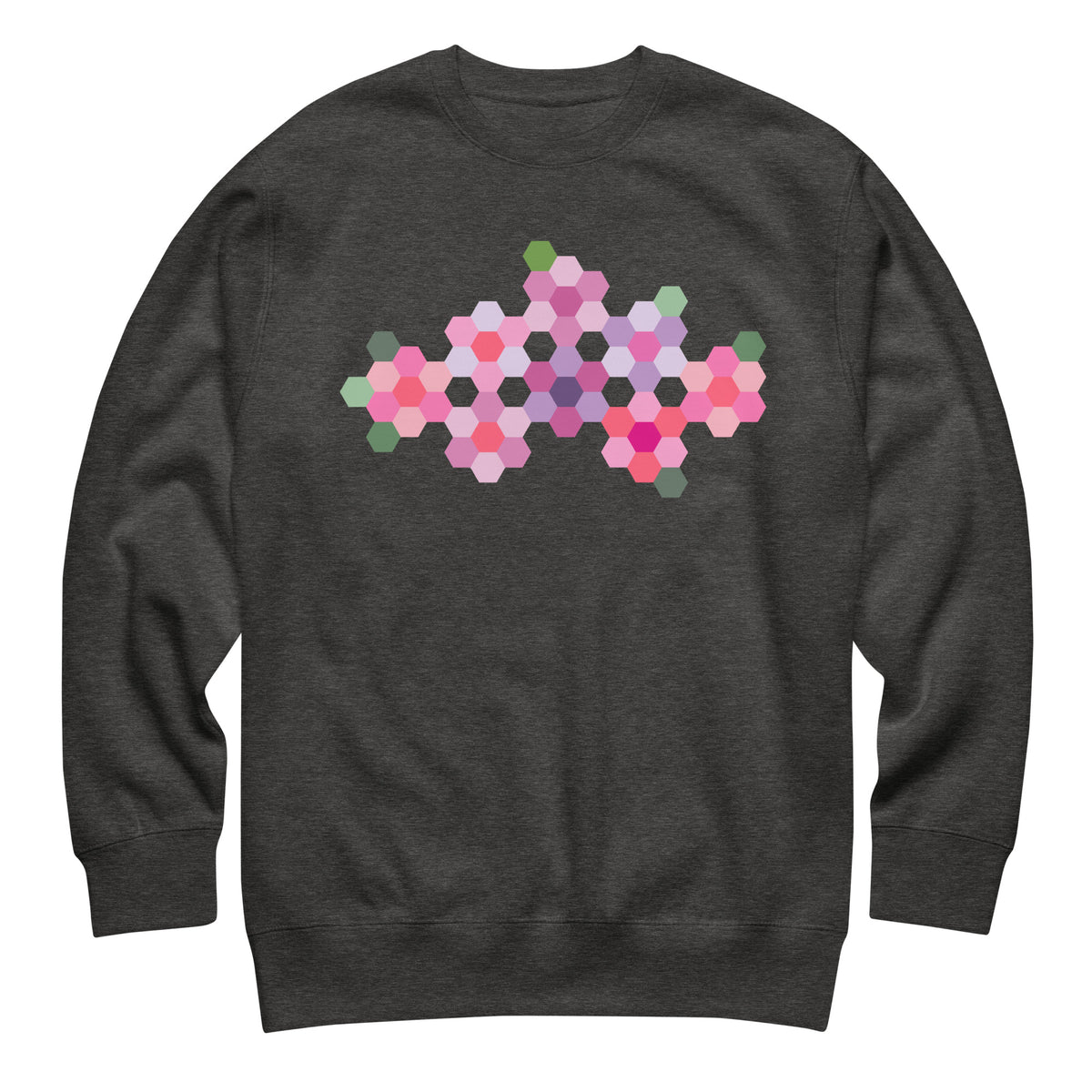 Pink GeoFlora hexagon flowers in pinks, mauves and sage on a crewneck sweatshirt in charcoal grey, front view – Kate Spain design for Pat Sloan