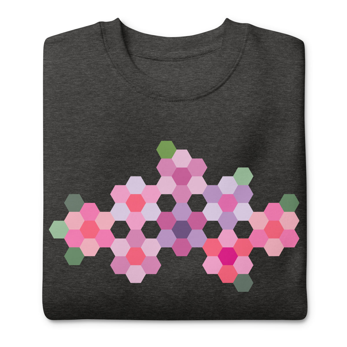 Pink GeoFlora hexagon flowers in pinks, mauves and sage on a crewneck sweatshirt in charcoal grey, folded close-up of the design – Kate Spain design for Pat Sloan