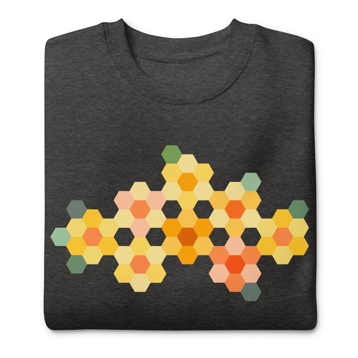 Yellow GeoFlora hexagon flowers in golden yellow, orange, coral and sage on a crewneck sweatshirt in charcoal grey, folded close-up of the design – Kate Spain design for Pat Sloan