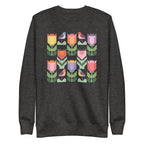 Birds + Blooms patchwork tulips and birds on a crewneck sweatshirt in charcoal grey, front view – Kate Spain design for Pat Sloan