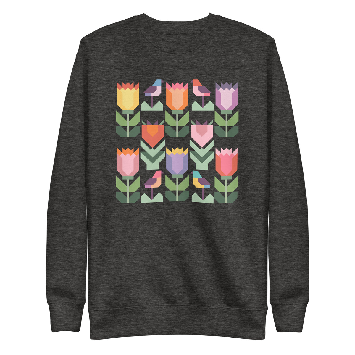 Birds + Blooms patchwork tulips and birds on a crewneck sweatshirt in charcoal grey, front view – Kate Spain design for Pat Sloan