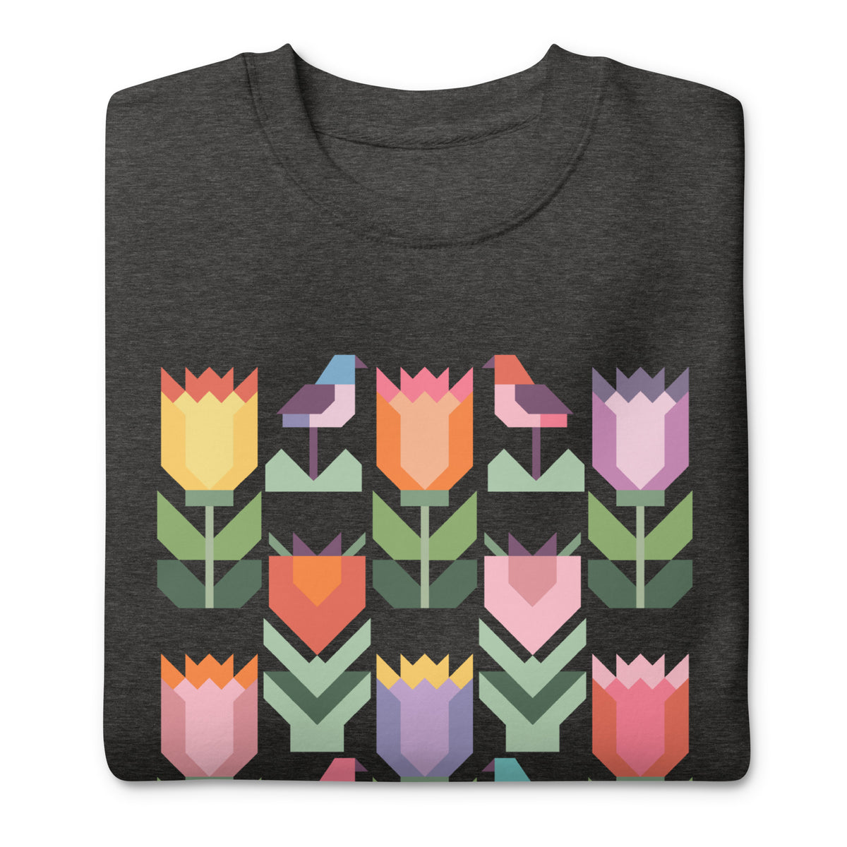 Birds + Blooms patchwork tulips and birds on a crewneck sweatshirt in charcoal grey, folded close-up of the design – Kate Spain design for Pat Sloan