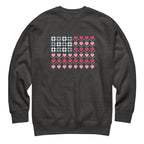 United We Quilt patchwork flag with quilt-block stars and heart stripes on a crewneck sweatshirt in charcoal grey, front view – Kate Spain design for Pat Sloan