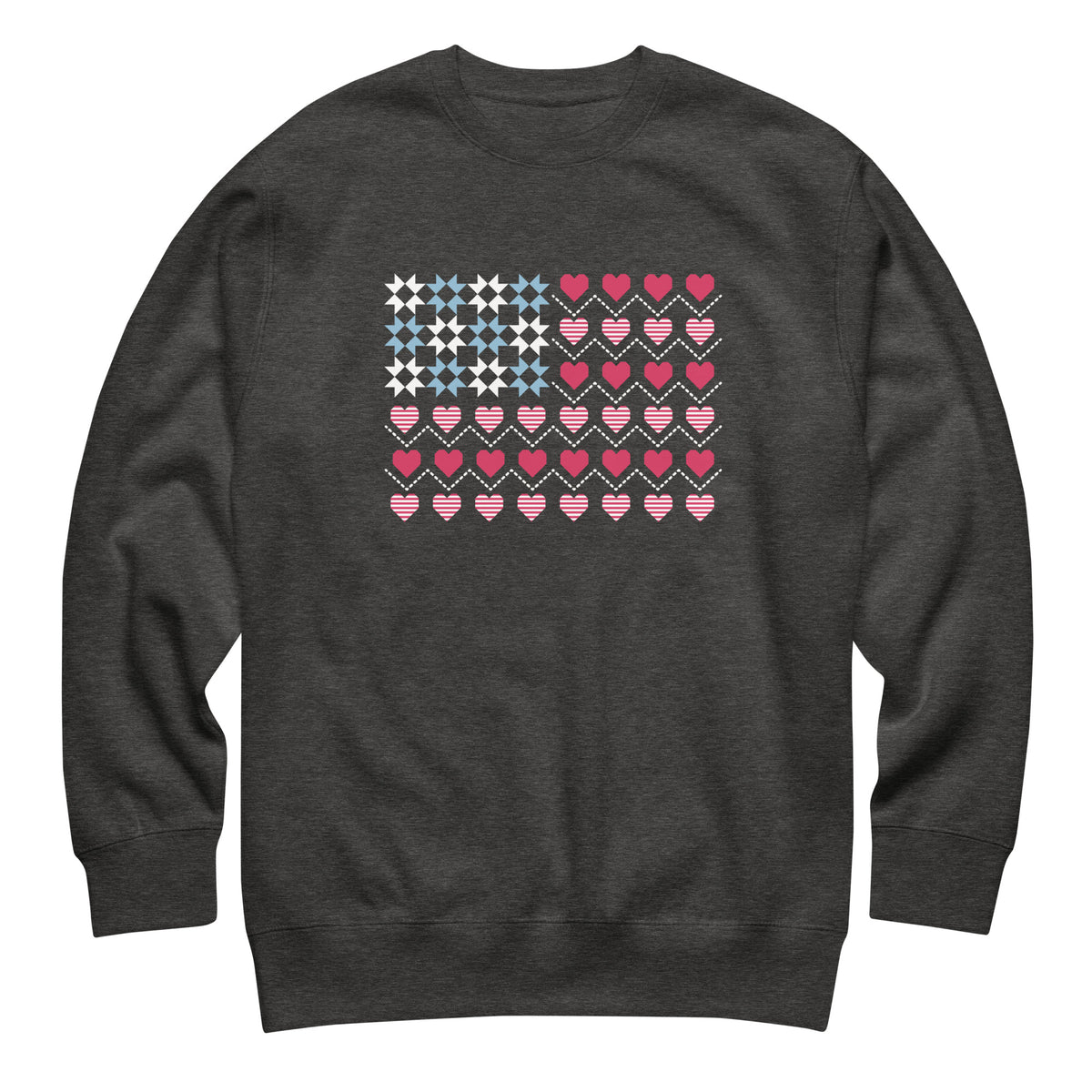 United We Quilt patchwork flag with quilt-block stars and heart stripes on a crewneck sweatshirt in charcoal grey, front view – Kate Spain design for Pat Sloan