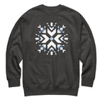 Let It Snow snowflake quilt block on a crewneck sweatshirt in charcoal grey, front view – Kate Spain design for Pat Sloan