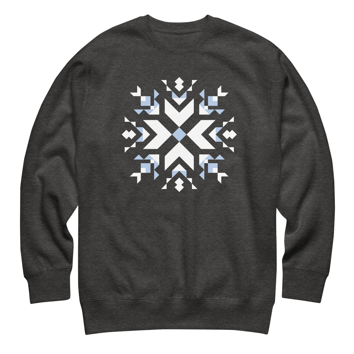 Let It Snow snowflake quilt block on a crewneck sweatshirt in charcoal grey, front view – Kate Spain design for Pat Sloan