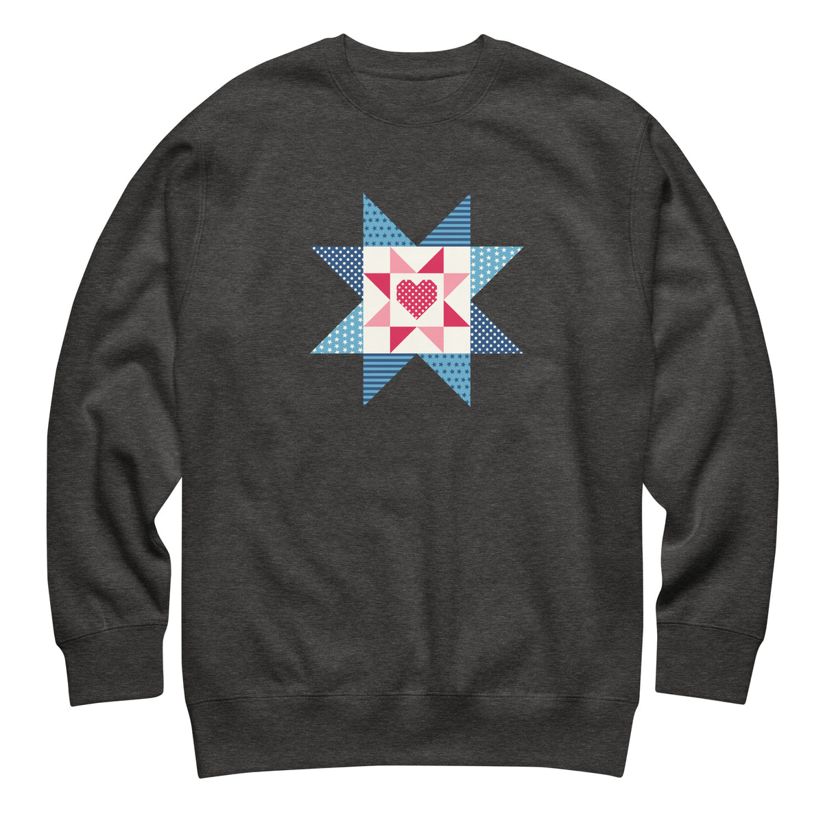 Liberty Love star quilt block with a heart in red, white and blue on a crewneck sweatshirt in charcoal grey, front view – Kate Spain design for Pat Sloan
