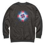 Barn Star quilt block in red, white and blue on a crewneck sweatshirt in charcoal grey, front view – Kate Spain design for Pat Sloan
