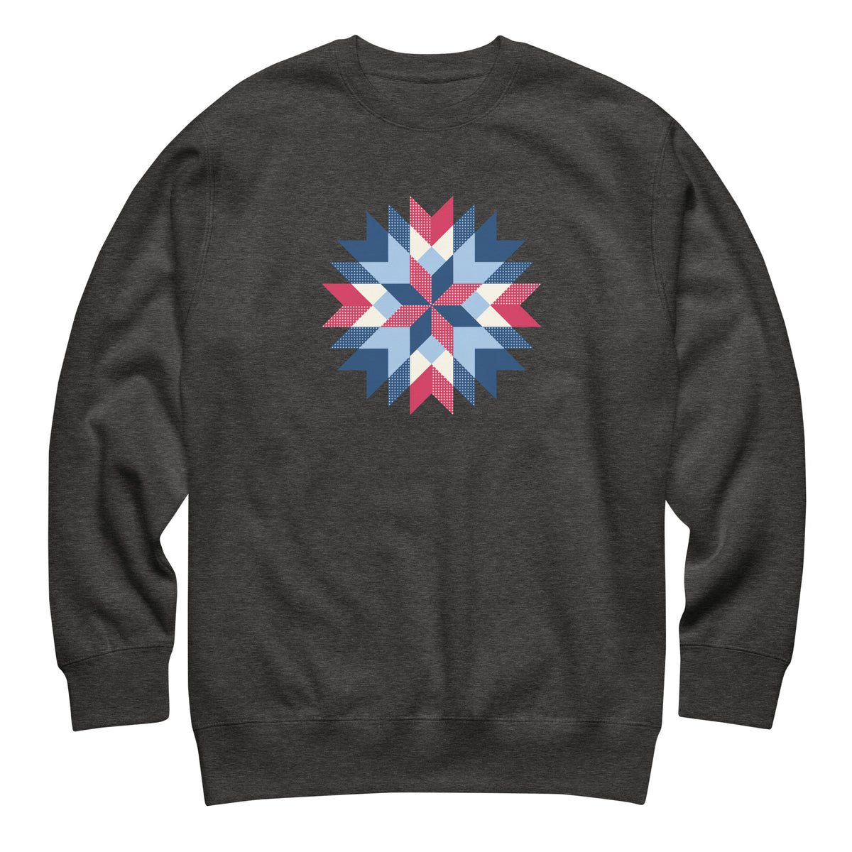 Barn Star quilt block in red, white and blue on a crewneck sweatshirt in charcoal grey, front view – Kate Spain design for Pat Sloan