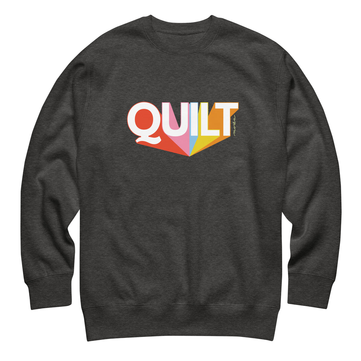 Moda QUILT logo with orange, pink, blue and yellow rays on a premium sweatshirt in charcoal grey, front view – Kate Spain design
