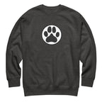 Law of the Paw® dog paw print on a crewneck sweatshirt in charcoal grey, front view – Kate Spain design