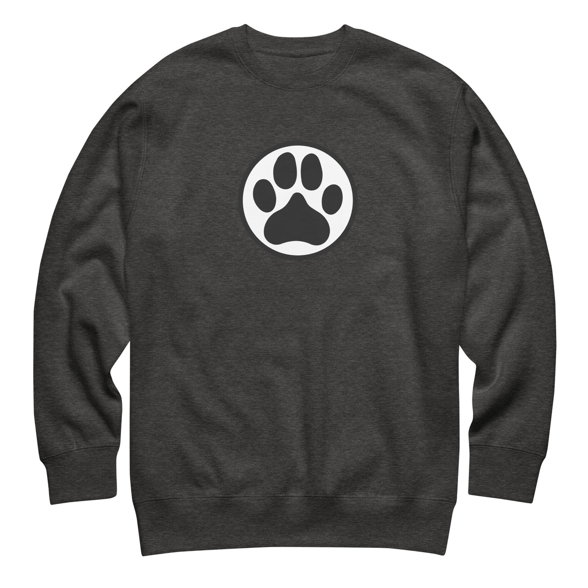 Law of the Paw® dog paw print on a crewneck sweatshirt in charcoal grey, front view – Kate Spain design