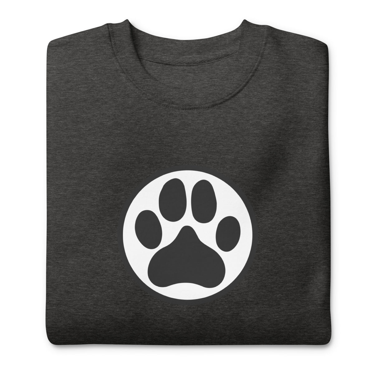 Law of the Paw® dog paw print on a crewneck sweatshirt in charcoal grey, folded close-up of the design – Kate Spain design