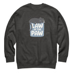 Law of the Paw® design with a cat napping on the logo on a crewneck sweatshirt in charcoal grey, front view – Kate Spain design