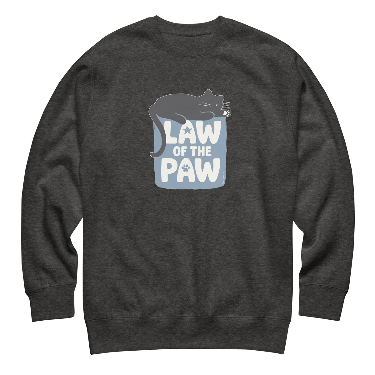 Law of the Paw® design with a cat napping on the logo on a crewneck sweatshirt in charcoal grey, front view – Kate Spain design