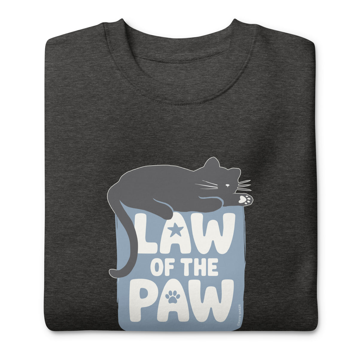 Law of the Paw® design with a cat napping on the logo on a crewneck sweatshirt in charcoal grey, folded close-up of the design – Kate Spain design