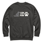 Law of the Paw® logo with seated dog and paw print on a crewneck sweatshirt in charcoal grey, front view – Kate Spain design