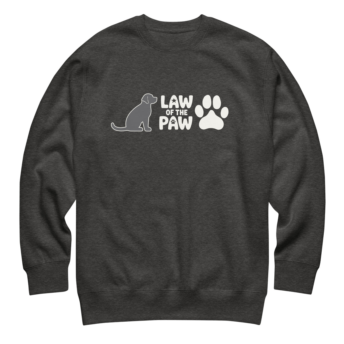 Law of the Paw® logo with seated dog and paw print on a crewneck sweatshirt in charcoal grey, front view – Kate Spain design