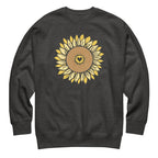 Golden sunflower with a heart center on a crewneck sweatshirt in charcoal grey, front view – Sunflowers in My Heart by Kate Spain