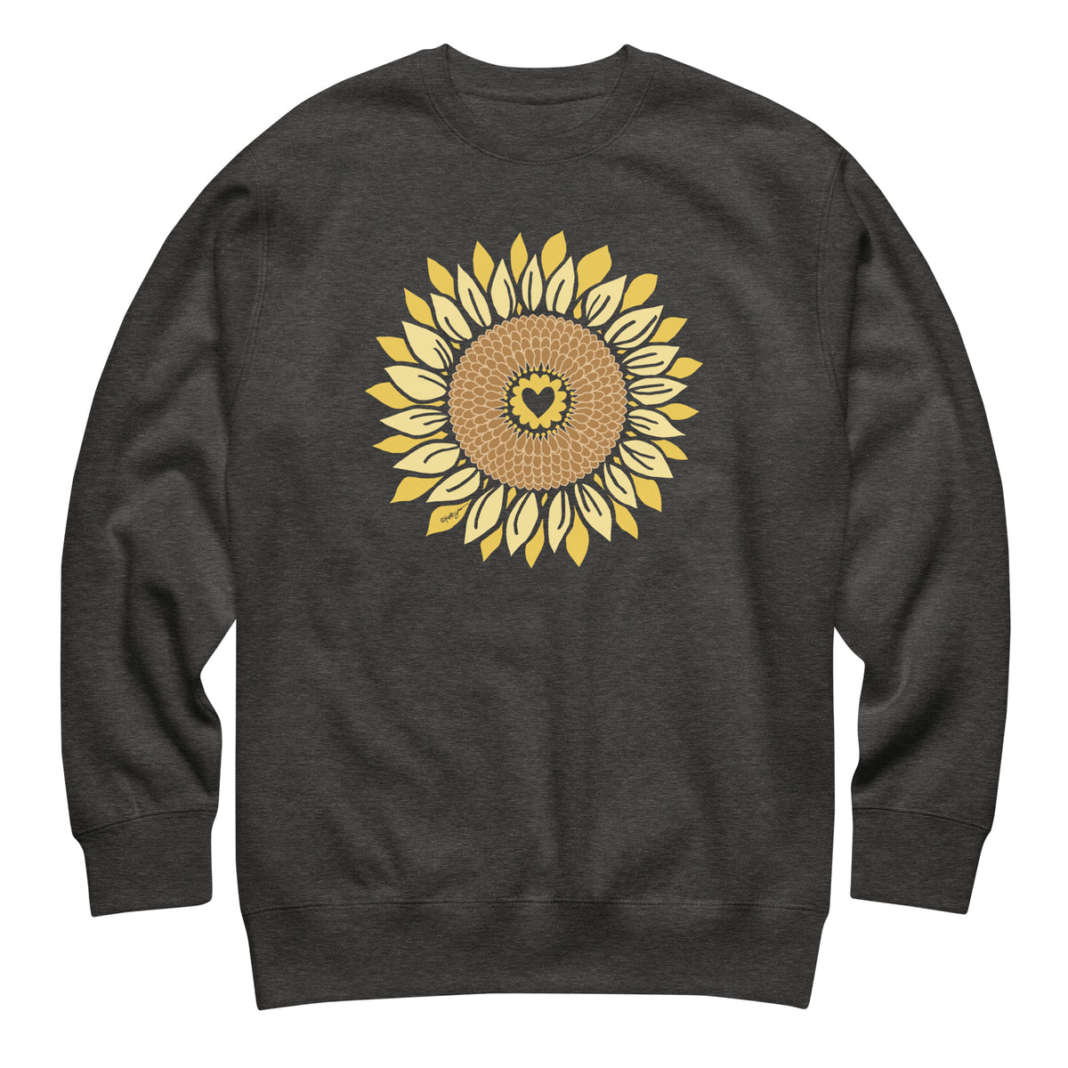 Golden sunflower with a heart center on a crewneck sweatshirt in charcoal grey, front view – Sunflowers in My Heart by Kate Spain