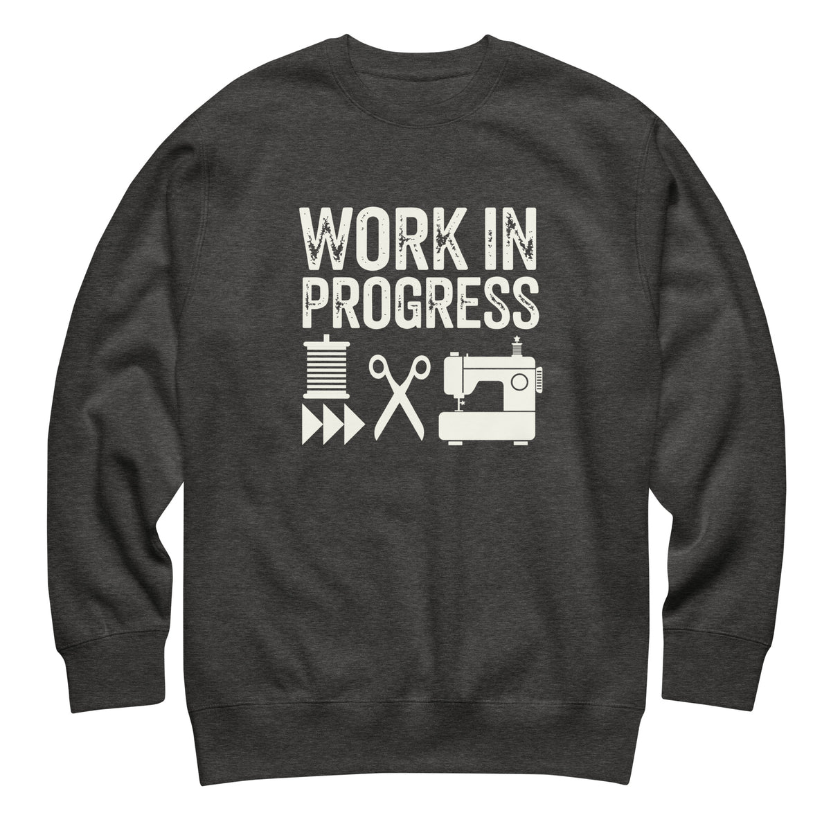 Work in Progress lettering with sewing icons on a premium sweatshirt in charcoal grey, front view – Kate Spain design for Pat Sloan
