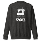 May the ¼" Be With You white sewing machine graphic on a premium sweatshirt in charcoal grey, folded close-up of the design – Kate Spain design for Pat Sloan