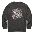 Work in Progress script lettering with sewing icons on a premium sweatshirt in charcoal grey, front view – Kate Spain design for Pat Sloan
