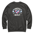 United We Quilt patchwork heart with quilt stars on a premium sweatshirt in charcoal grey, front view – Kate Spain design for Pat Sloan