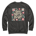 Sew Merry + Bright lettering with quilt stars and holly on a premium sweatshirt in charcoal grey, front view – Kate Spain design for Pat Sloan