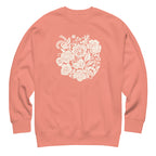 Meadowsweet woodblock-style bouquet of wildflowers on a crewneck sweatshirt in dusty rose, front view – Kate Spain design