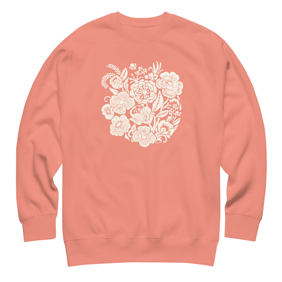Meadowsweet woodblock-style bouquet of wildflowers on a crewneck sweatshirt in dusty rose, front view – Kate Spain design