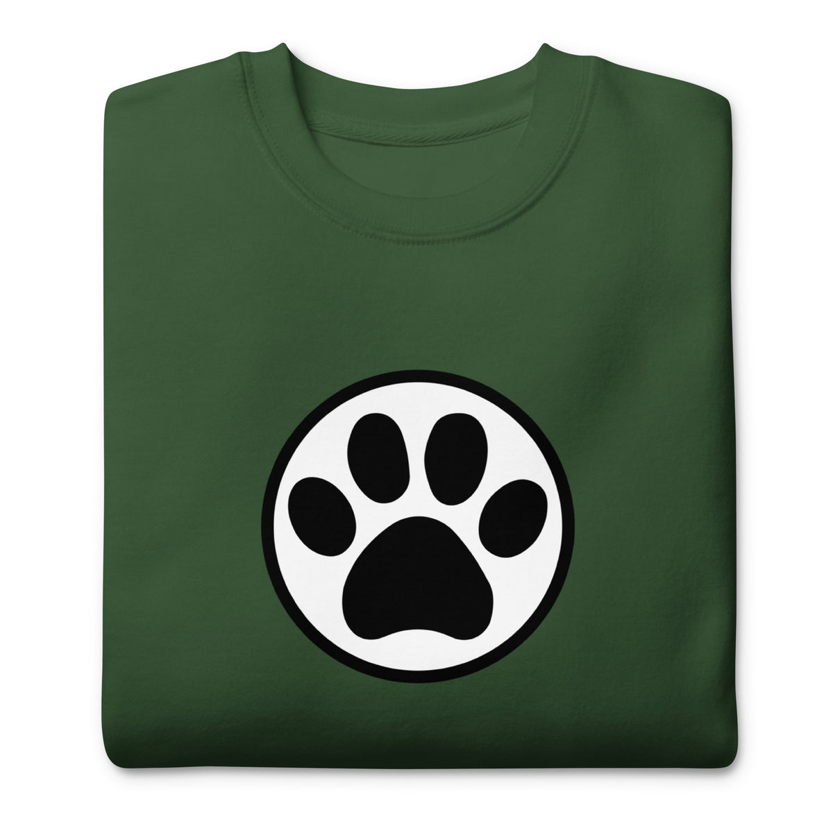 Law of the Paw® cat paw print on a crewneck sweatshirt in forest green, folded close-up of the design – Kate Spain design