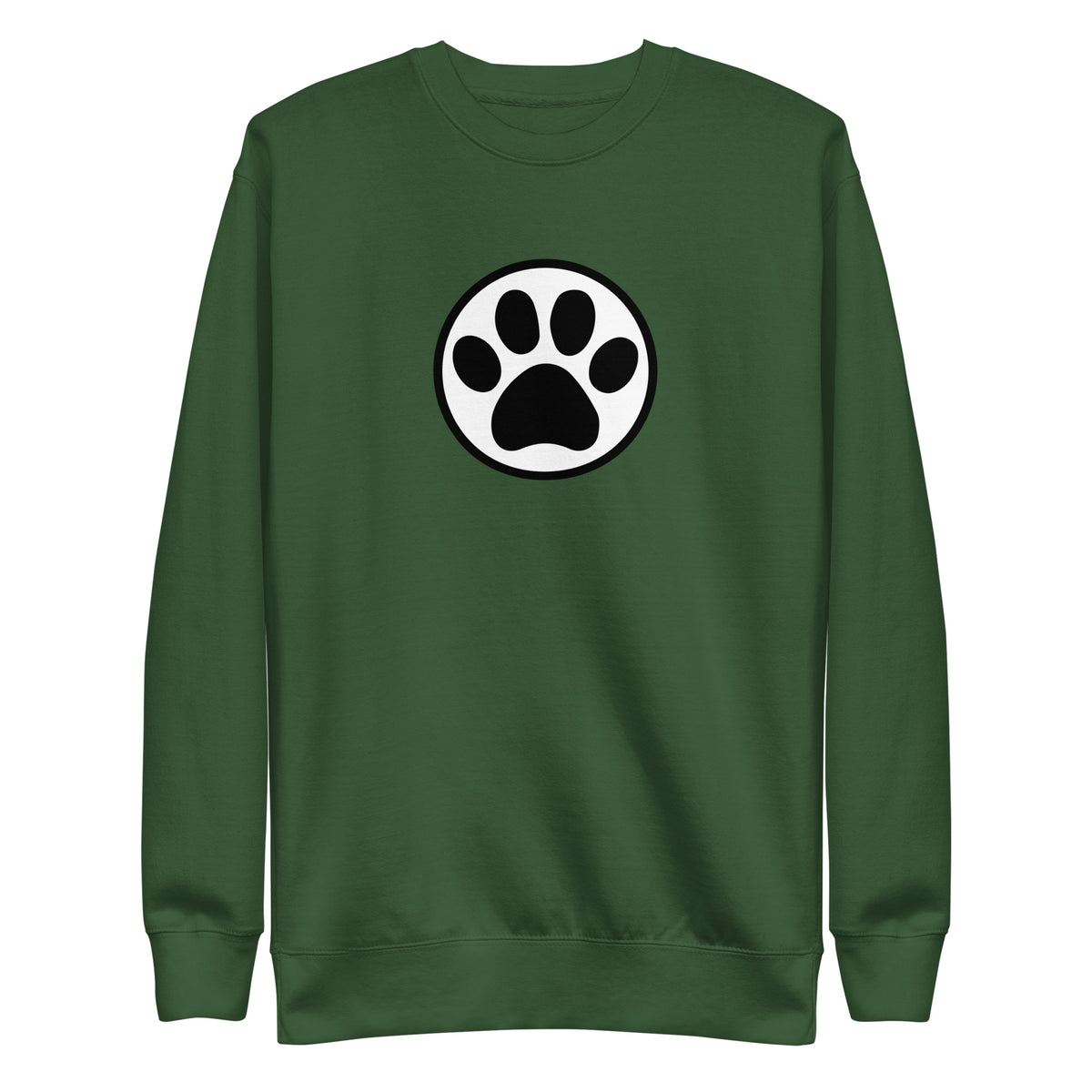 Law of the Paw® cat paw print on a crewneck sweatshirt in forest green, front view – Kate Spain design