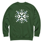 Let It Snow snowflake quilt block on a crewneck sweatshirt in forest green, front view – Kate Spain design for Pat Sloan