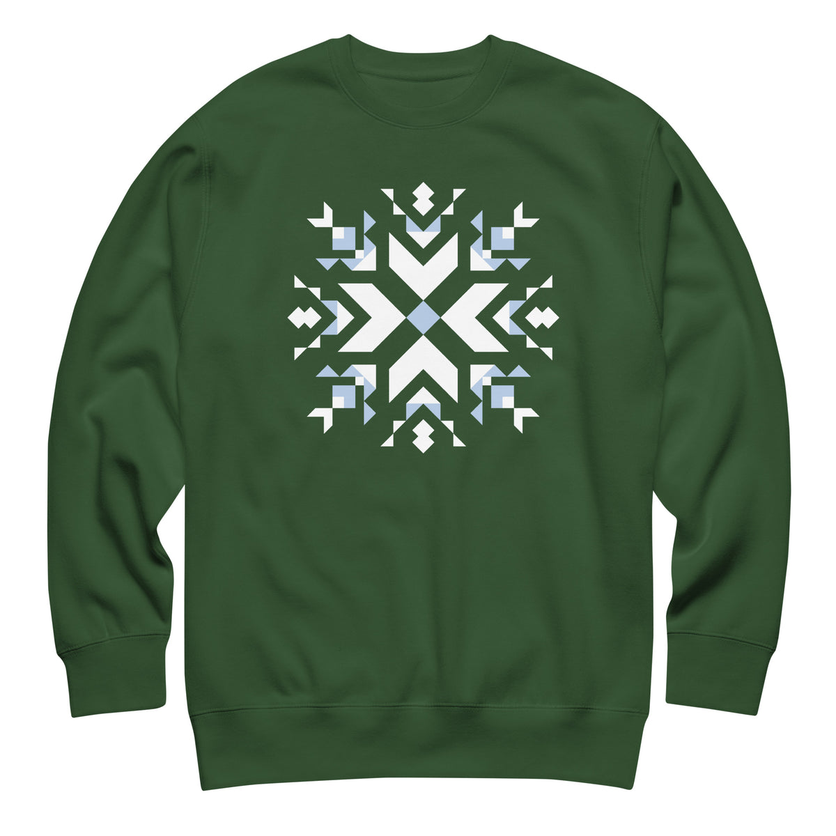 Let It Snow snowflake quilt block on a crewneck sweatshirt in forest green, front view – Kate Spain design for Pat Sloan